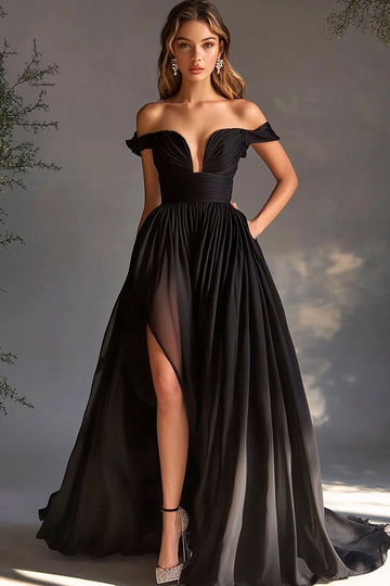 Noir Épaule Dénudée Robe de Bal En Mousseline De Soie